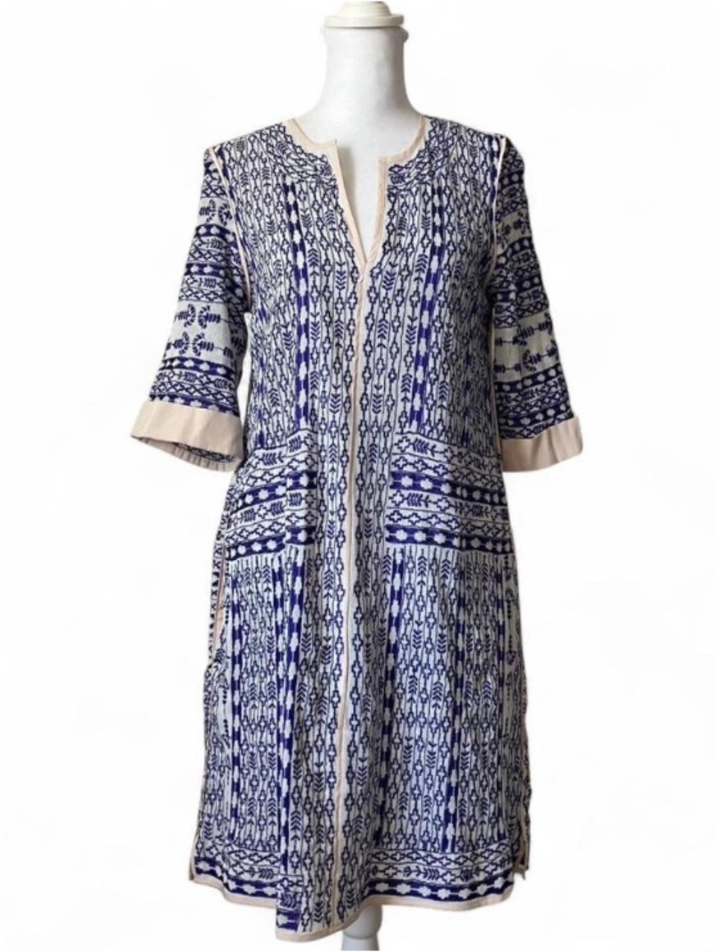 Love Sam Blue & White Embroidered V Neck Tunic Cover up Dress size XS - Picture 2 of 10